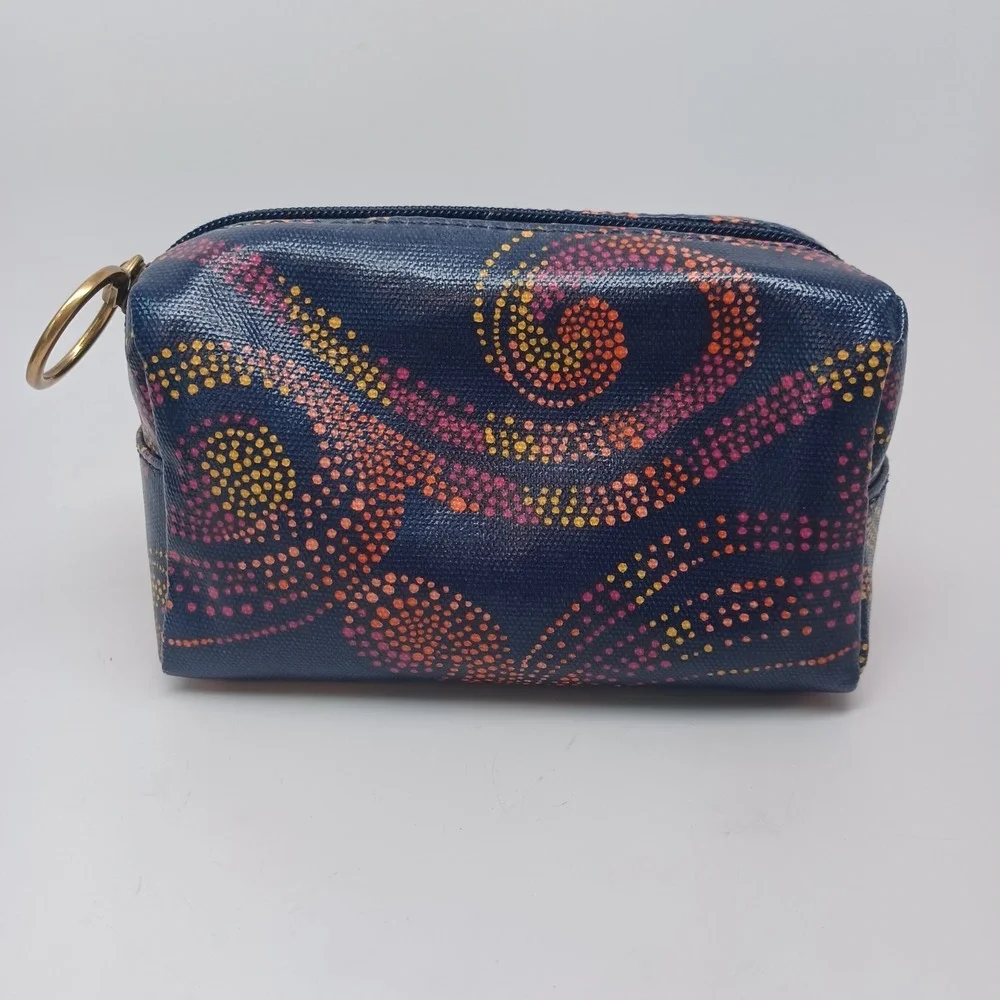 Fossil Blue Dot Swirl Coated Canvas Small Makeup Pouch Coin Bag Brass Ring Pull